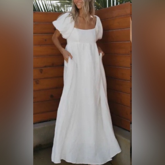 NWT- A.REN Candace 100% Linen Off-White Maxi Dress Size Medium - Picture 4 of 14